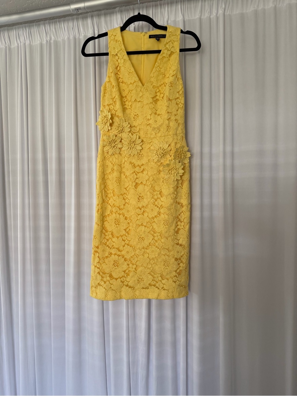 White House Black Market Yellow Lace Midi Dress with Floral Appliqué